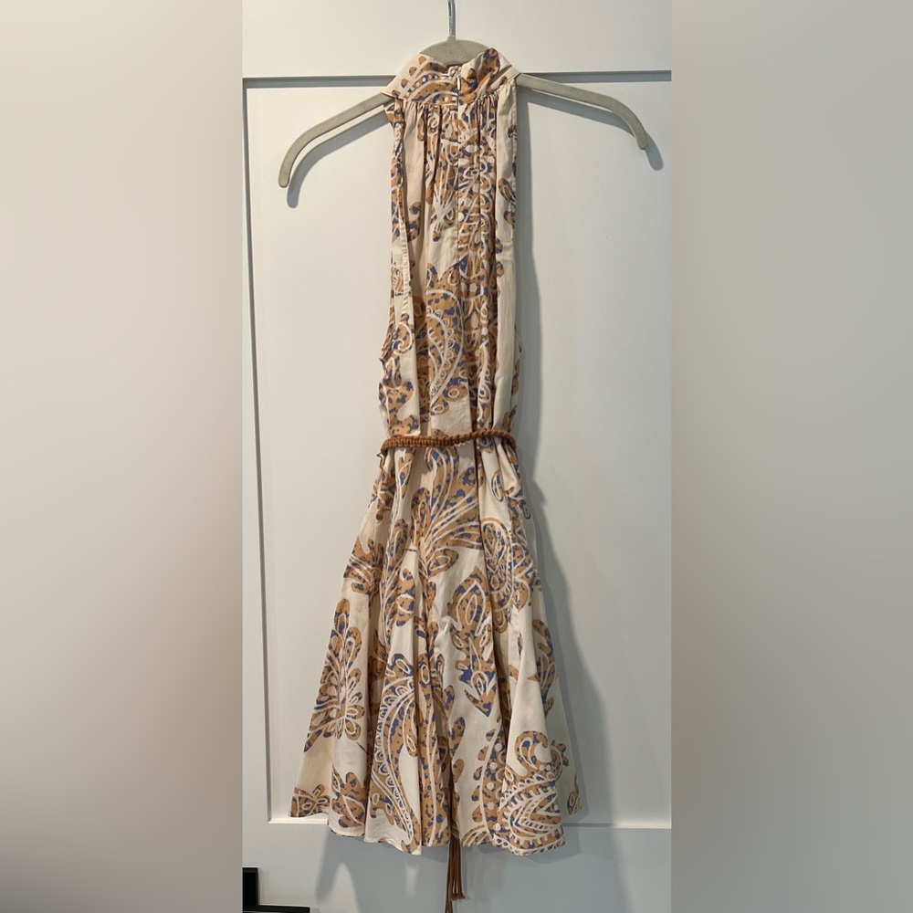 Sleeveless Halter Paisley Print Mini Dress in Cream and Tan - Picture 2 of 4